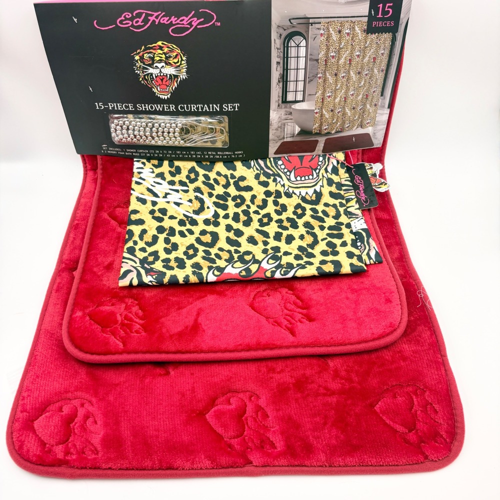 Ed Hardy 15 Piece Shower Curtain Set Leopard Tiger Red Memory Foam Rugs New